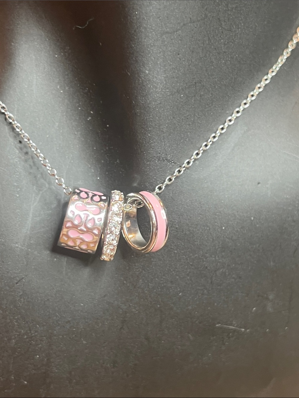 Silver Chain Necklace with Pink Enamel & Crystal Ring Charms